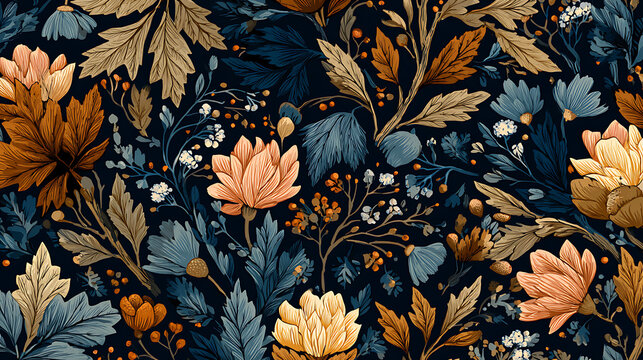 Autumnal floral tapestry with blooming flowers and leaves seamless pattern