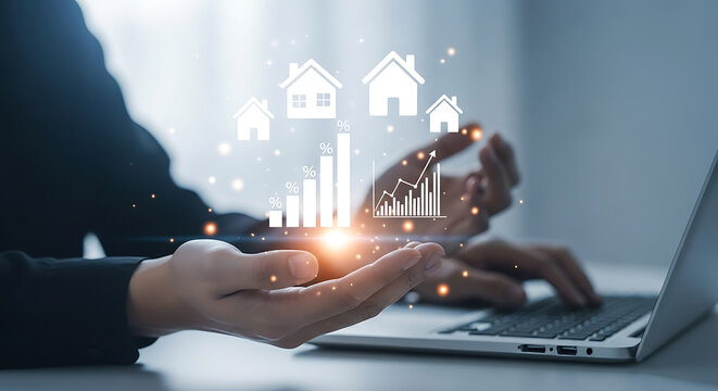 Person using a laptop with digital house and chart overlays suggesting real estate growth and investment. - Powered by Adobe