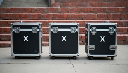 Three sturdy black equipment cases with silver latches and wheels sit outside. Each case features a white letter X marking. These are flight cases for musical instruments and audio gear.