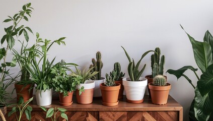 Fototapeta premium Interior of a Scandinavian-style room featuring trendy pots on a wooden shelf alongside a variety of plants, emphasizing a modern floral home garden aesthetic, appreciation for nature