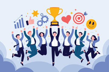 Teamwork Success and Business Achievement Celebration. Happy Business Team Reaching Goal Illustration.