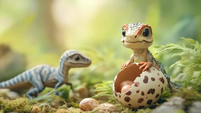 Baby dinosaur hatching from spotted egg, in front of area with other dinosaurs