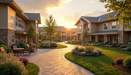 Senior living community courtyard with gardens, paths, seating during sunset. Buildings stone, siding, surrounded by rich green landscaping, flowering bushes for comfortable outdoor activity,