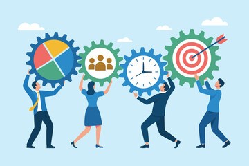 Teamwork and Business Strategy Productivity Concept. Goal Setting and Time Management Vector Illustration.