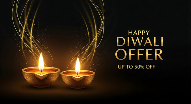 Golden diwali offer promotion with lit oil lamps and decorative lights, up to 50% off, perfect for festive season sales and celebrations, ideal for marketing campaigns and advertisements - Powered by Adobe