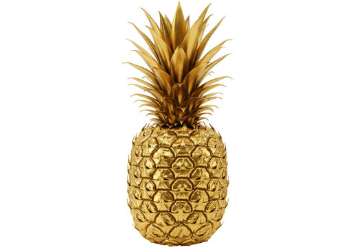 Isolated golden pineapple, tropical fruit with golden shell and leaves, luxury and preciousness