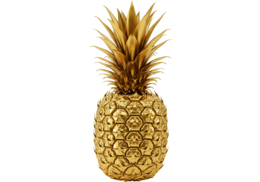 Isolated golden pineapple, tropical fruit with golden shell and leaves, luxury and preciousness