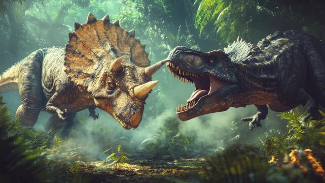 Epic dinosaur battle scene with a Triceratops and Tyrannosaurus fighting in a misty jungle.