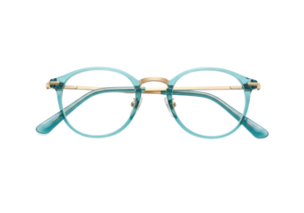 Isolated round frame eyeglasses for vision correction and style, gold bridge and blue rims