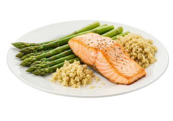 Isolated Plate of Salmon with Asparagus and Quinoa for Healthy Eating and Dieting