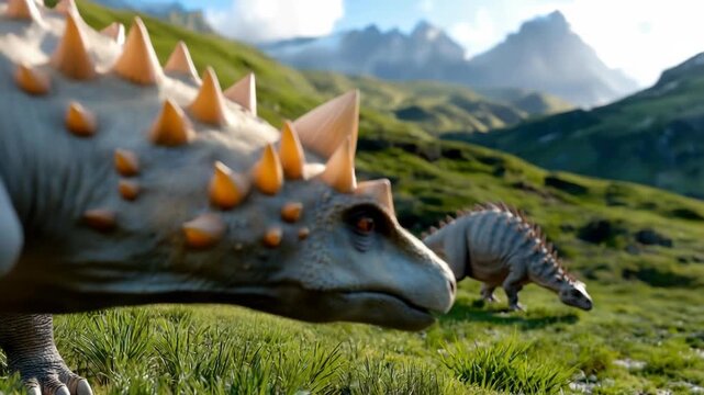 Stegosaurus urus family grazing in a lush green valley with mountains in the background, peaceful prehistoric landscape