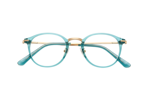 Isolated round frame eyeglasses for vision correction and style, gold bridge and blue rims