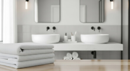 Fototapeta premium Stack of folded towels sits on a wooden surface in a modern bathroom with double sinks and neutral tones.