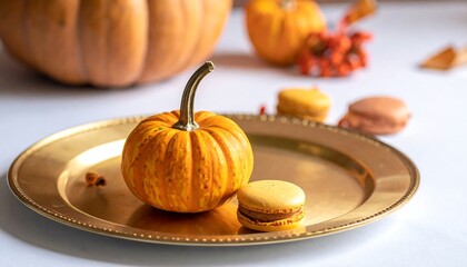 Autumn gourds and macarons on a gold plate, with other gourds and seasonal details in a blurred background