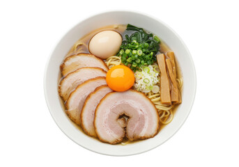 Isolated bowl of rich ramen noodle soup featuring pork slices, egg, and chives for lunch