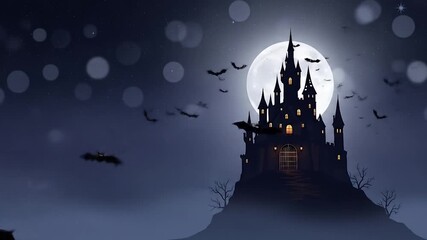 Spooky Halloween Night Castle Silhouette Under Moonlight with Bats