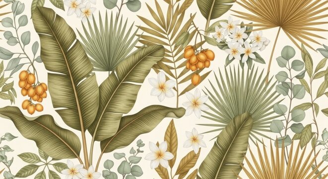 Tropical botanical pattern with banana leaves, plumeria flowers and dates isolated PNG with Transparent Background