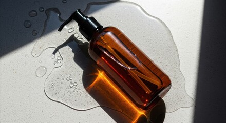 Illustration of amber glass bottle with pump dispenser on a white surface with water