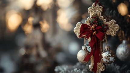Cross Ornament with Soft Bokeh Lights