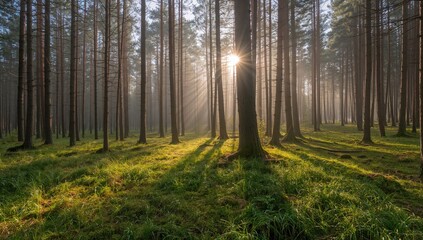 Obraz premium Panorama of a mature spruce forest featuring a mossy ground, highlighting preservation