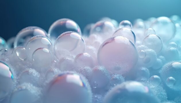 Close up of iridescent soap bubbles floating on white foam surface. Sphere shapes reflect light, showing soft pastel colors. Clean, fresh, abstract background for beauty and wellness.