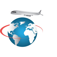 Fototapeta premium Silver Airplane Flying Over Blue Globe With Red Orbit Path On Transparent Background