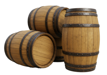 Isolated grouping of weathered wooden barrels for wine or ale aging, in a stack of three