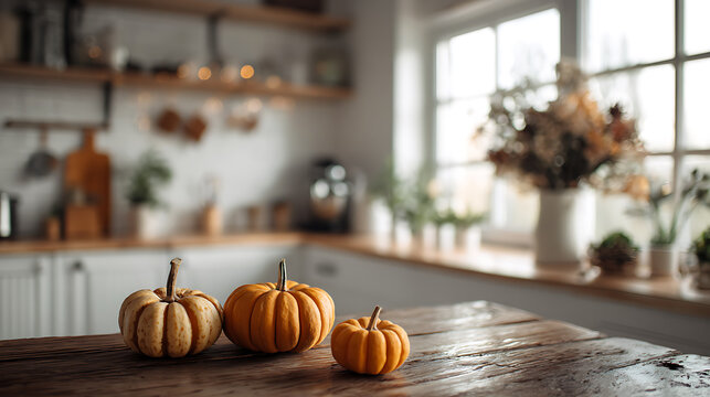 Autumnal gourds on rustic wooden table in sunlit kitchen pumpkins harvest
