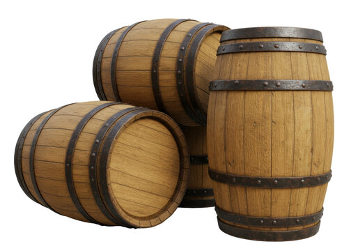 Isolated grouping of weathered wooden barrels for wine or ale aging, in a stack of three