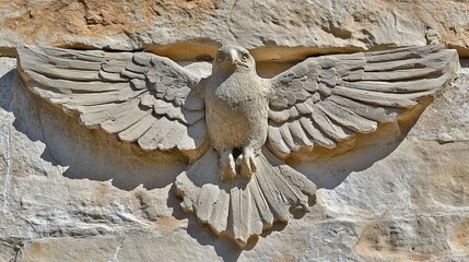 Stone bird carving with outstretched wings is affixed to a weathered wall exterior, creating an aged architectural detail.