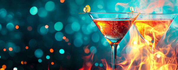 Flaming Blue Martini Glasses with Bokeh Effect