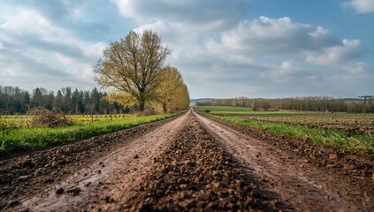 Fototapeta premium Mud on a rural road in agricultural fields, erosion risk