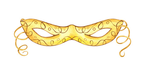 Watercolor yellow carnival mask with golden ornament, swirl ribbons illustration on isolated background. Mardi gras festival masquerade attribute for holiday parade greeting cards, poster.