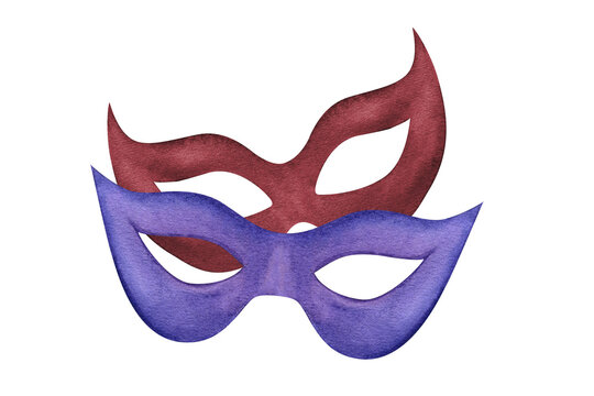 Watercolor decorative carnival red and blue masks illustration on isolated background. Mardi gras, Brazilian or Venetian festival attributes for masquerade parade, greeting cards, poster, invitation.