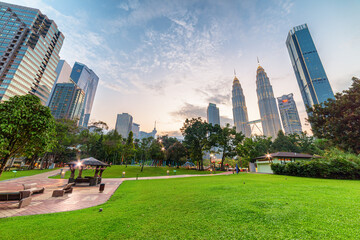 The Petronas Twin Towers and lawn at the KLCC Park