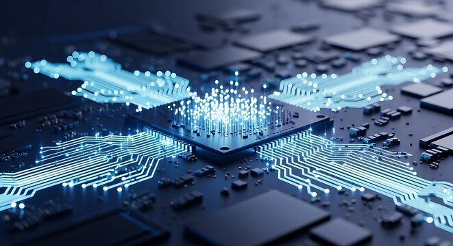 A computer chip with glowing blue lights illustrating the flow of data and processing power within the intricate network of its circuitry