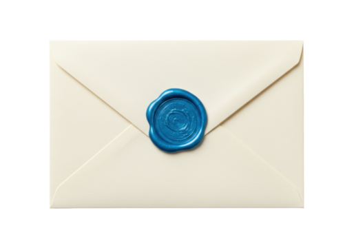 Isolated envelope with a blue wax seal for secure delivery of personal confidential mail