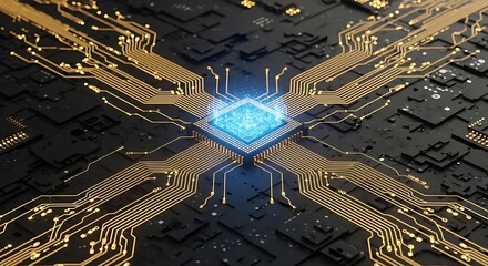 A closeup of a computer chip with intricate circuitry and a central blue light, symbolizing technology, innovation, and the digital age