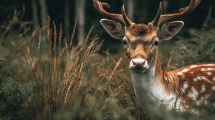 Majestic fallow deer in a wild habitat, portrait of a young stag