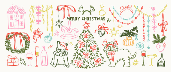 Christmas whimsical set of icons. Hand drawn holiday Christmas tree with bow, house, wreath, cute dogs. Xmas winter garland, party disco ball sketch illustration