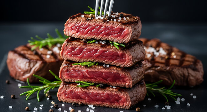 Stack of grilled beef steaks with rosemary, pepper and salt on a dark background - Powered by Adobe