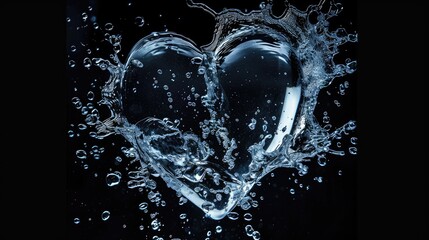 Splashes of water form a heart on a black background. The concept of love, romance and impermanence. Love of nature.