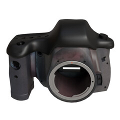 Front view of alloy camera body isolated on transparent background