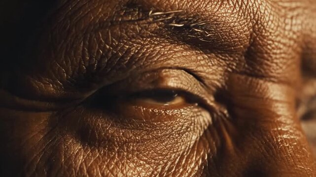 Close-up video reveals a powerful, knowing gaze from a mature individual, showcasing depth, humanity, and the beauty of aging with grace