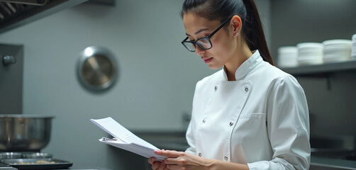 Young woman chef wearing glasses reads recipe document in professional kitchen. She plans meal preparation with attentive focus in modern eatery workplace.