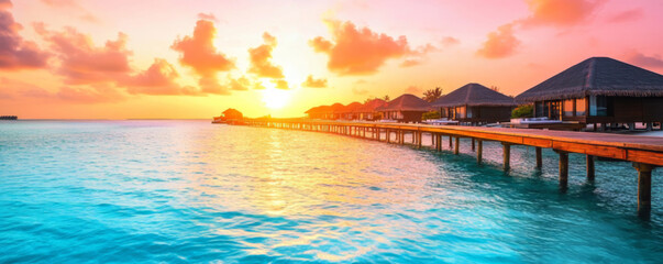 Overwater bungalows at sunset with vibrant sky.