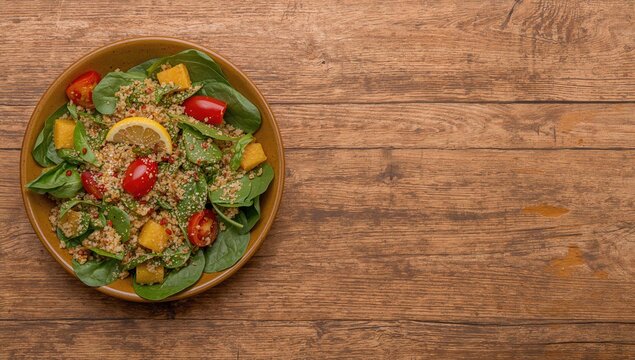 Quinoa salad featuring tomatoes, batata, and spinach on a wooden surface, fiber-dense choice