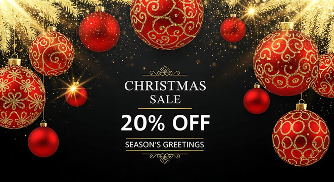 Christmas sale with 20% off, featuring red christmas balls with golden glitter on a dark background, perfect for seasonal promotions and attracting customers with festive offers