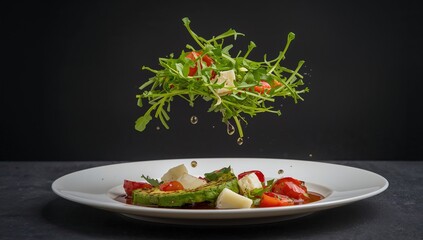 Vegetarian green salad with arugula, cherry tomatoes, avocado, and mozzarella, fiber-dense choice