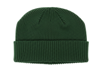 Isolated green ribbed knit beanie hat for winter weather, warm wool cap, fashion apparel